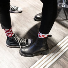 Load image into Gallery viewer, RED + WHITE knee-high checkerboard socks
